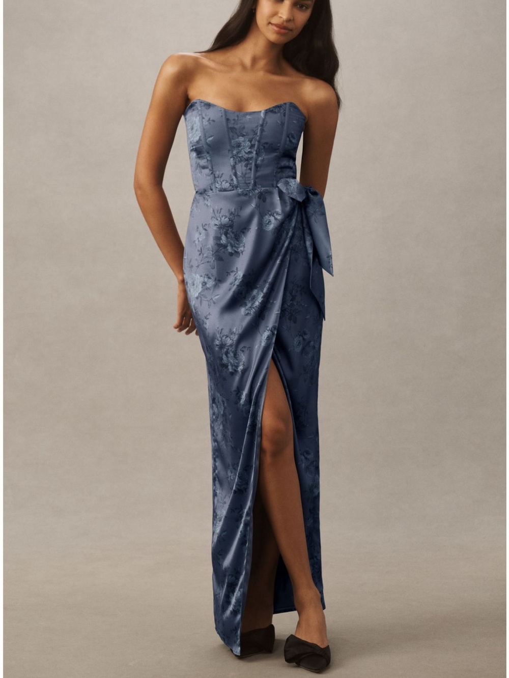 V. Chapman June Printed Corset Front Slit Satin Gown